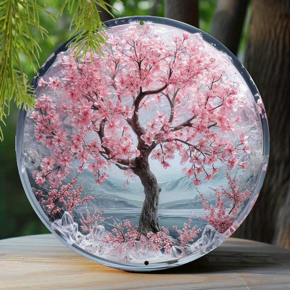 

1pc 8x8 Inch Spring Aluminum Metal Sign Kitchen Women Ice Sculpture Window Decoration Round Wreath Sign Decoration Gifts Cherry Blossom Avenue Theme Decoration