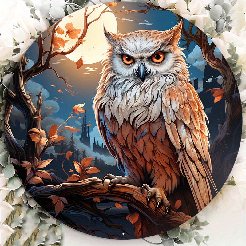 

1pc 8x8inch Aluminum Metal Sign Round Metal Wear Sign An Illustration Of A Snowy Owl In A Snowy Setting Ow