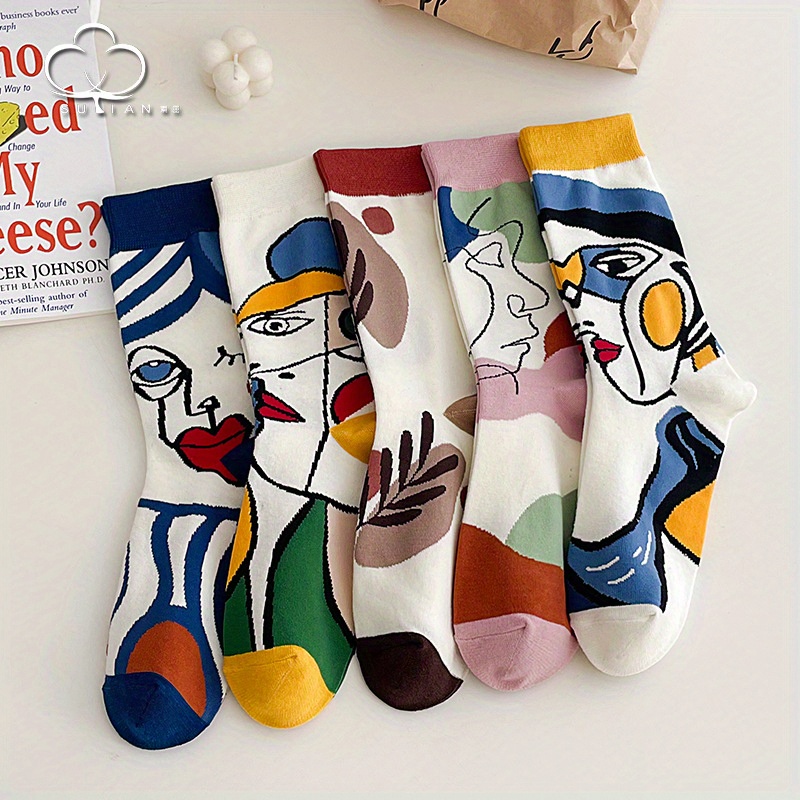 

3/5 Pairs Abstract Portrait Print Socks, Novelty & Breathable Mid Tube Socks, Women's Stockings & Hosiery