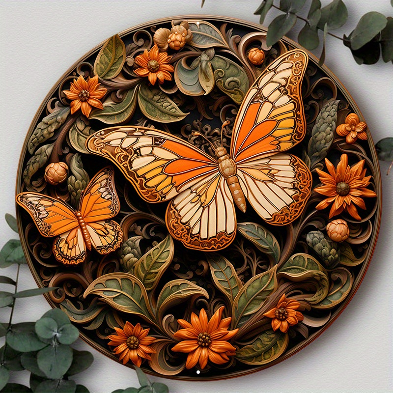 

1pc 8x8inch Aluminum Metal Sign Black And Orange Butterfly Wreath Sign, Metal Butterfly Sign, Butterfly And Flowers Wreath Sign, Suitable For Various Scenarios