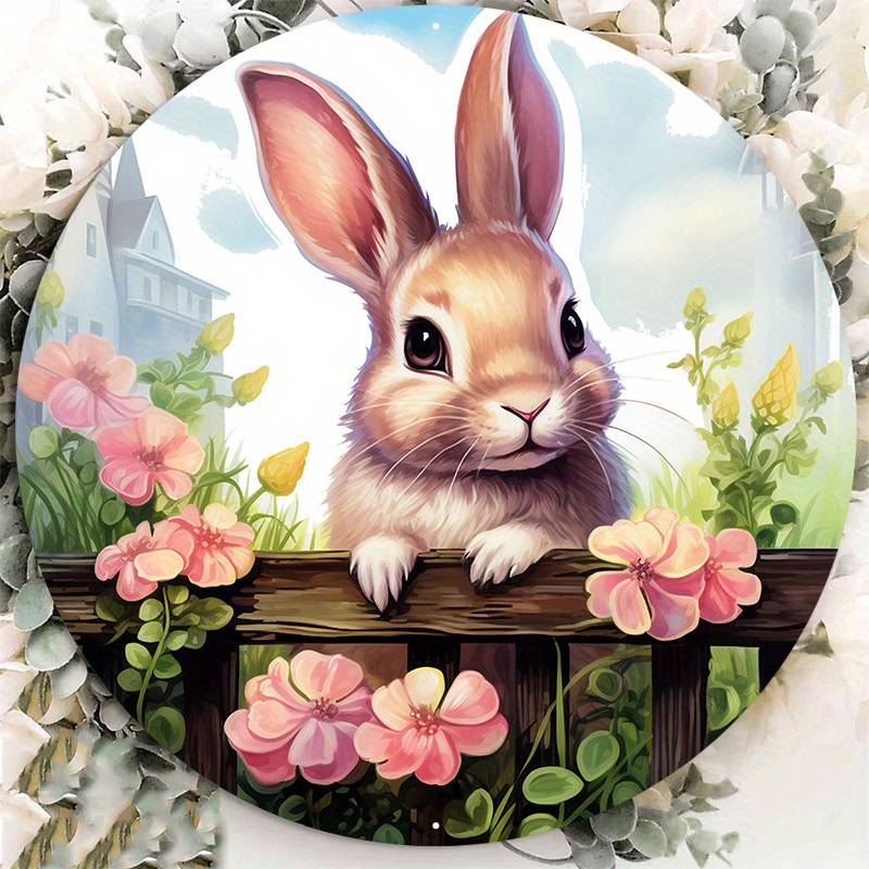 

1pc 8x8inch Aluminum Metal Sign Spring Bunny In Garden Wreath Sign With Pink Flowers Easter Circle Wreath Sign Metal Signs For Wreaths