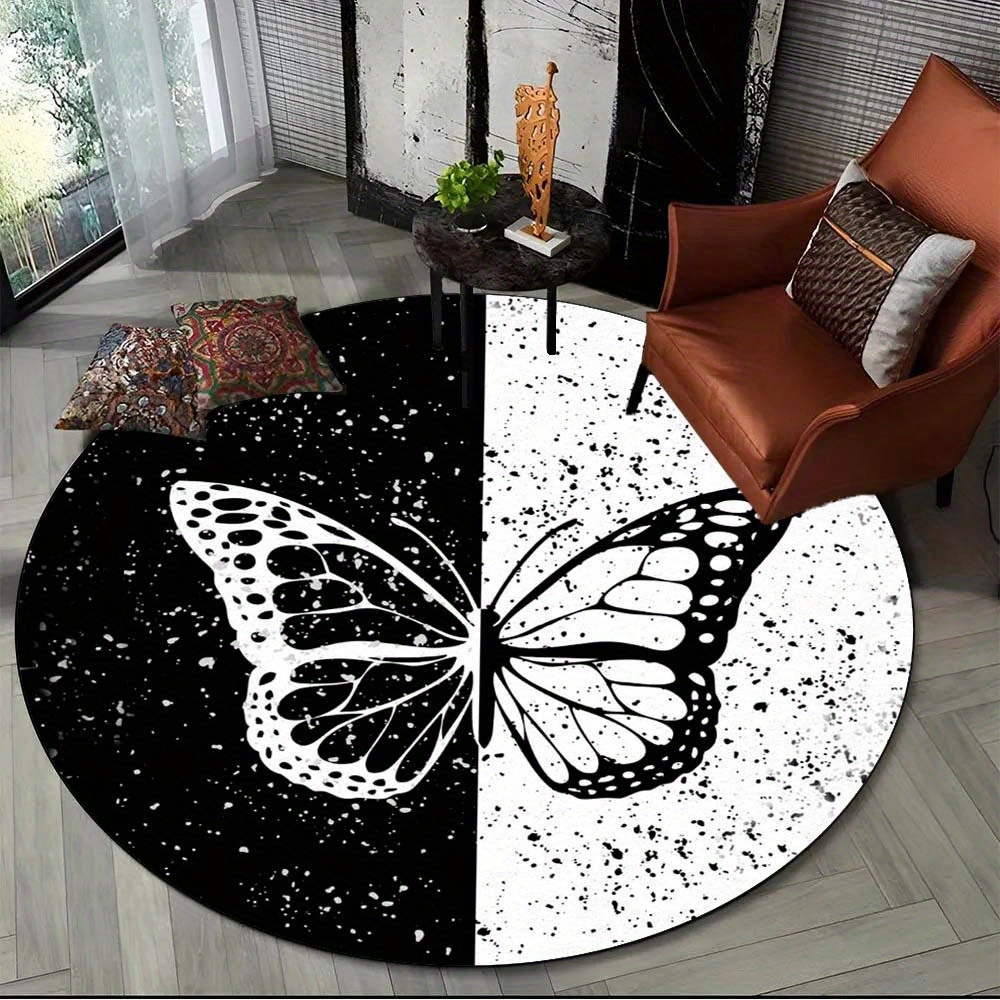 

800g/m2 Crystal Velvet 800g/m2 Polyester Black And White Butterfly Pattern Round Carpet Black And White Art Rug For Chair Living Room Bedroom Sofa Decoration Rug Non-slip Rug