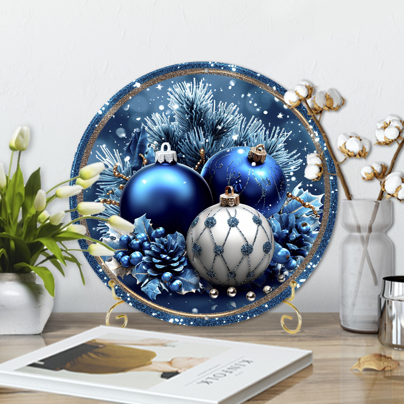 

1pc 20cm×20cm/8x8inch Aluminum Metal Sign Round Sign Design Christmas Blue Ornaments And Bling Wreath Sign, Signs For Wreaths, Round Wreath Sign