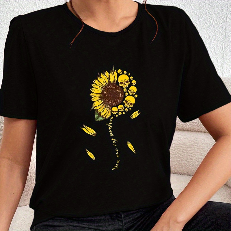 

Casual Sunflower & Skull Print Lounge Tops, Short Sleeve Round Neck T-shirt, Women's Loungewear