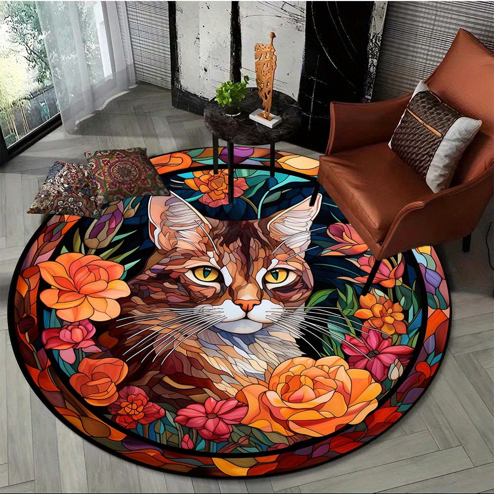 

800g/m2 Crystal Velvet 800g/m2 Polyester Cartoon Stained Glass Cat Print Round Carpet Colorful Flowers Rug For Living Room Bedroom Sofa Non-slip Area Rug Home Decor