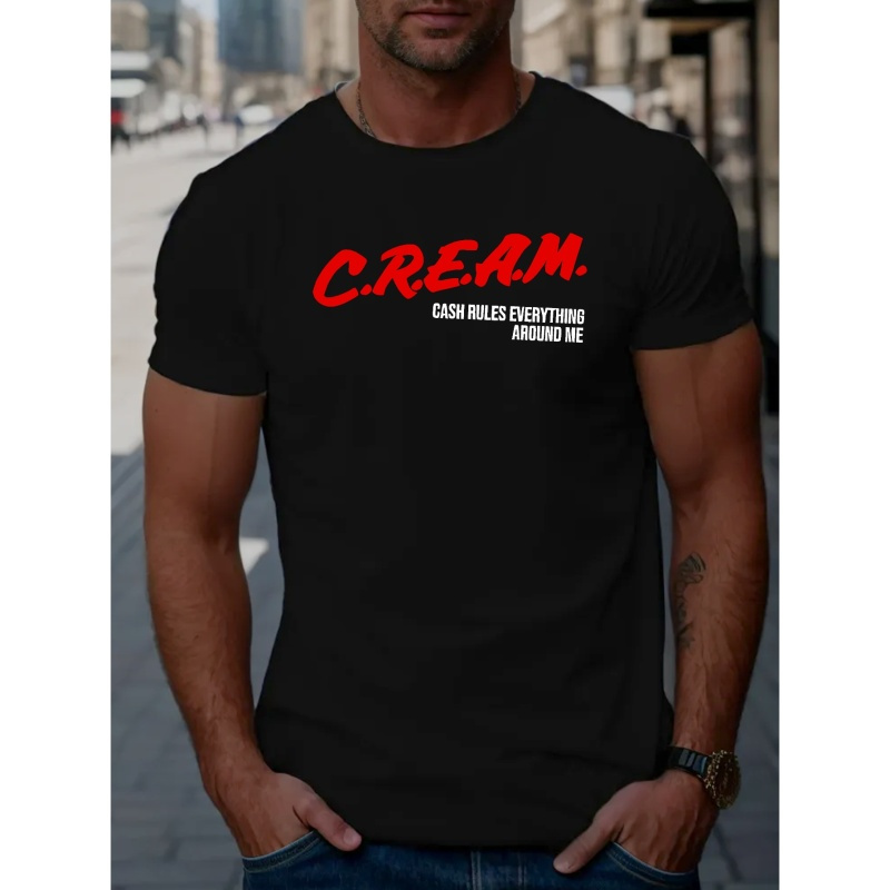 

Cream Letter Graphic Print Men's Creative Top, Casual Short Sleeve Crew Neck T-shirt, Men's Clothing For Summer Outdoor