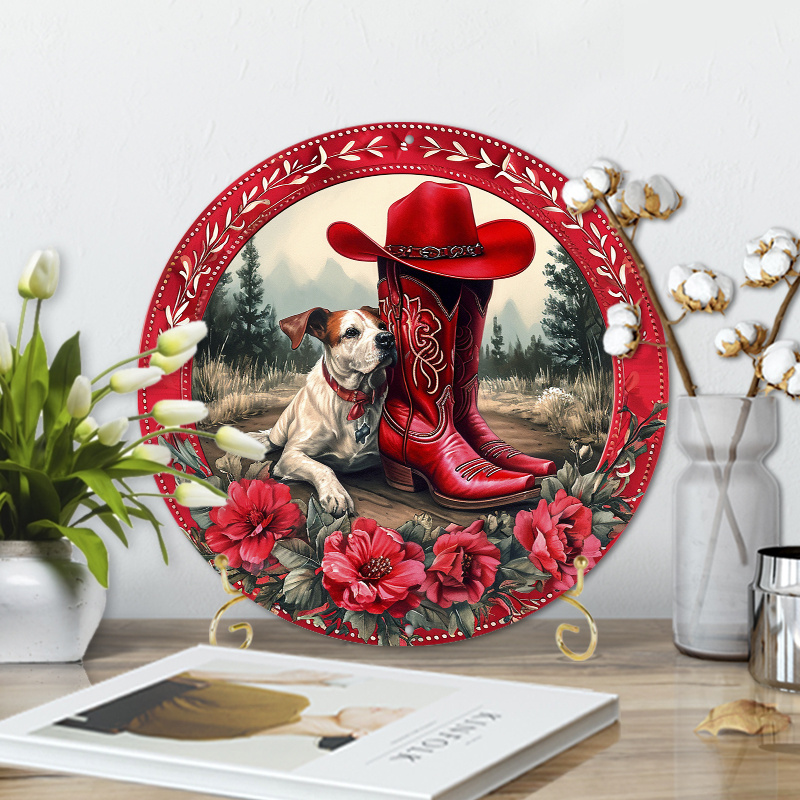 

1pc 8x8inch Aluminum Metal Sign Round Sign Designa Red Cowboy Boot Dog And Floral Wrea 7 Wreath Sign, Signs For Wreaths, Round Wreath Sign