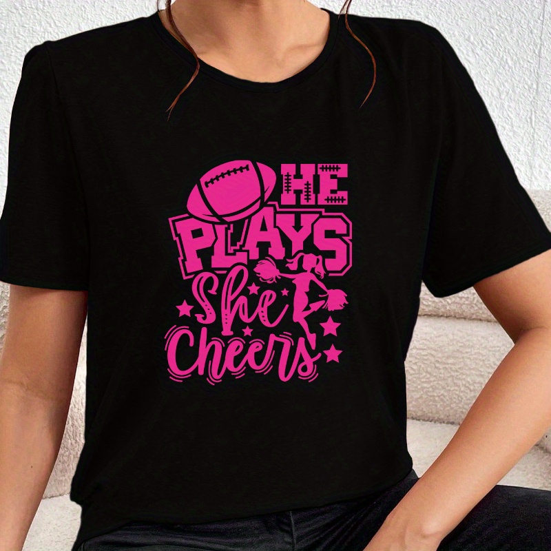 

Rugby & Cheerleader & Slogan Print Lounge Tops, Short Sleeve Round Neck T-shirt, Women's Loungewear