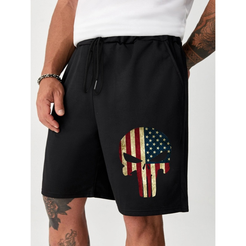

Flag Skull Pattern Print Men's Shorts, New Fashion Casual Drawstring Shorts Comfortable Breathable Men's Sports Pants Spring Summer Shorts Outdoor Fitness Beach Vacation