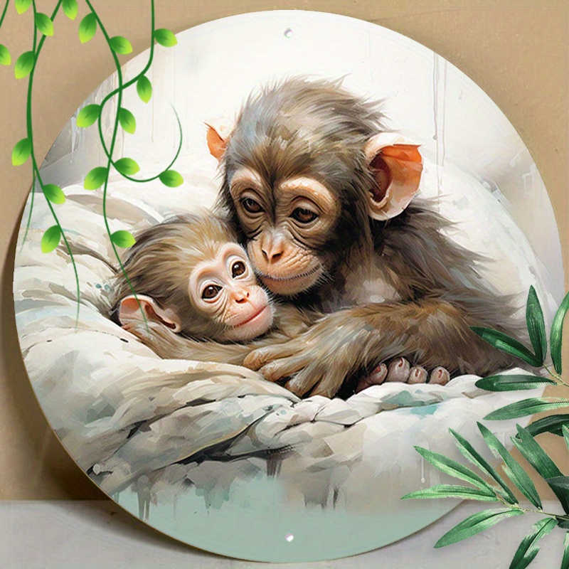 

1pc 8x8inch (20x20cm) Round Aluminum Sign Metal Sign Animals Mama Monkey Mother's Day For Home Garden Kitchen