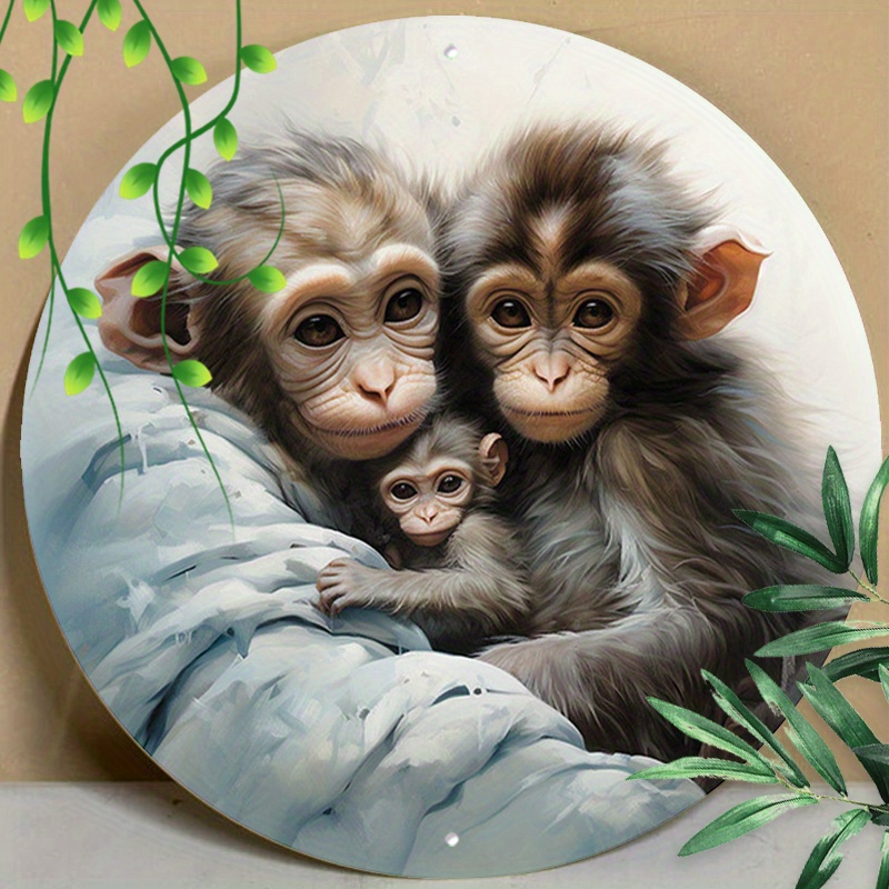 

1pc 8x8inch (20x20cm) Round Aluminum Sign Metal Sign Animals Mama Monkey Mother's Day For Home Garden Kitchen Cafe Restaurant