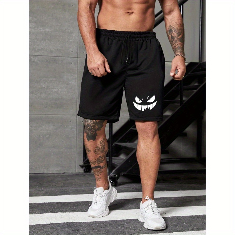 

Men's Trendy Smiling Face Pattern Shorts With Pockets, Casual Breathable Elastic Waist Drawstring Shorts For Outdoor