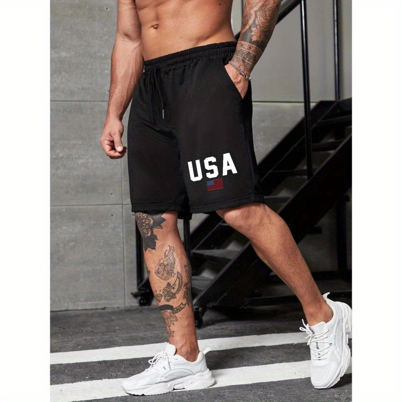

Men's Trendy Flag Pattern Shorts With Pockets, Casual Breathable Elastic Waist Drawstring Shorts For Outdoor
