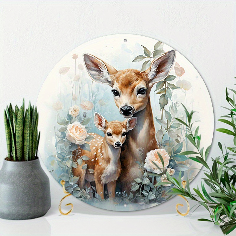 

1pc 8x8inch (20x20cm) Round Aluminum Sign Metal Sign Forest Animals Mama Deer Mother's Day For Home Garden Kitchen Cafe Restaurant Garage