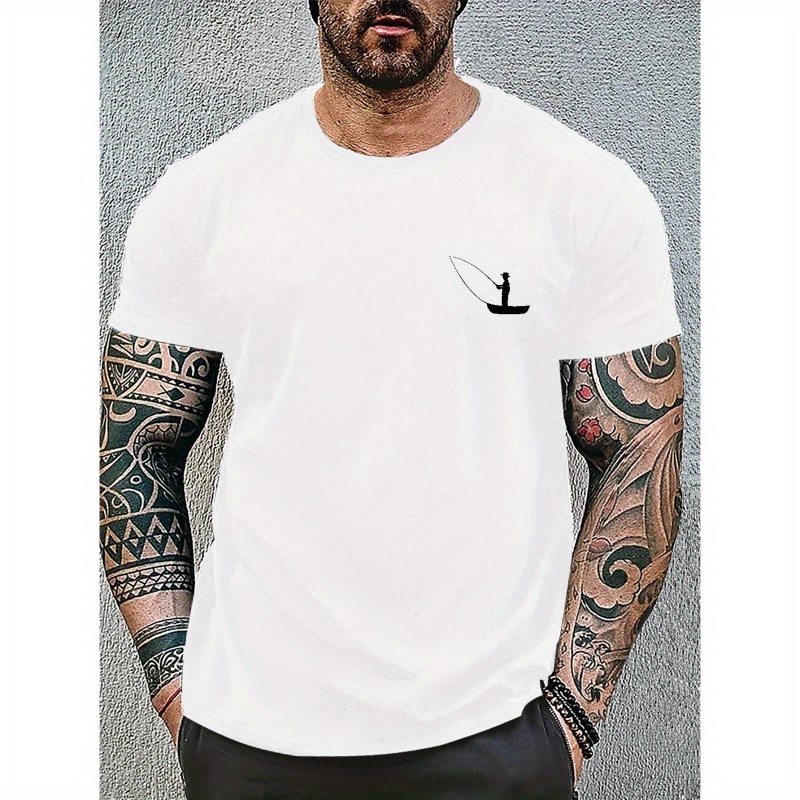 

Creative Fishing Pattern Print, Men's Graphic Design Crew Neck T-shirt, Casual Comfy Tees For Summer, Men's Clothing Tops For Daily Gym Workout Running