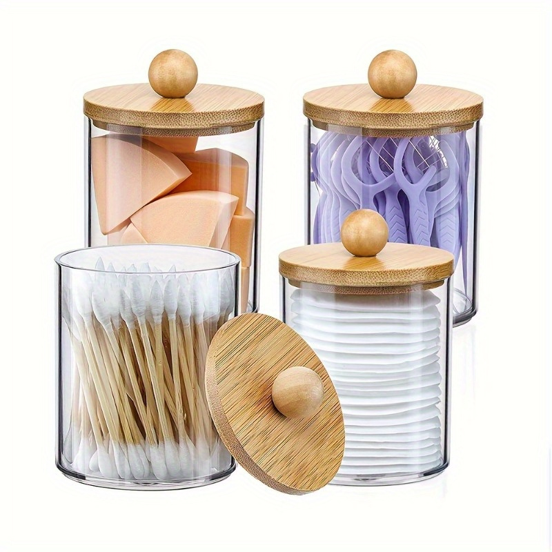 

1pc Acrylic Circular Transparent Storage Jar, Cotton Swab Storage Box With Wooden Lid, Makeup Cotton Puff Ball And Small Item Storage Box, Home Storage & Organization