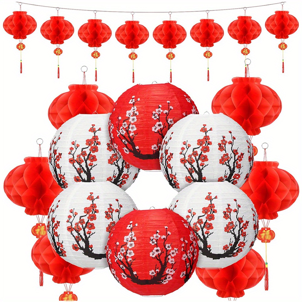 

20pcs, 12 Inches Japanese Style Paper Lantern And 8 Inches Chinese Red Paper Lanterns, Cherry Pattern Decorative Hanging Lanterns For Chinese New Year Wedding Party Home Restaurant Decor