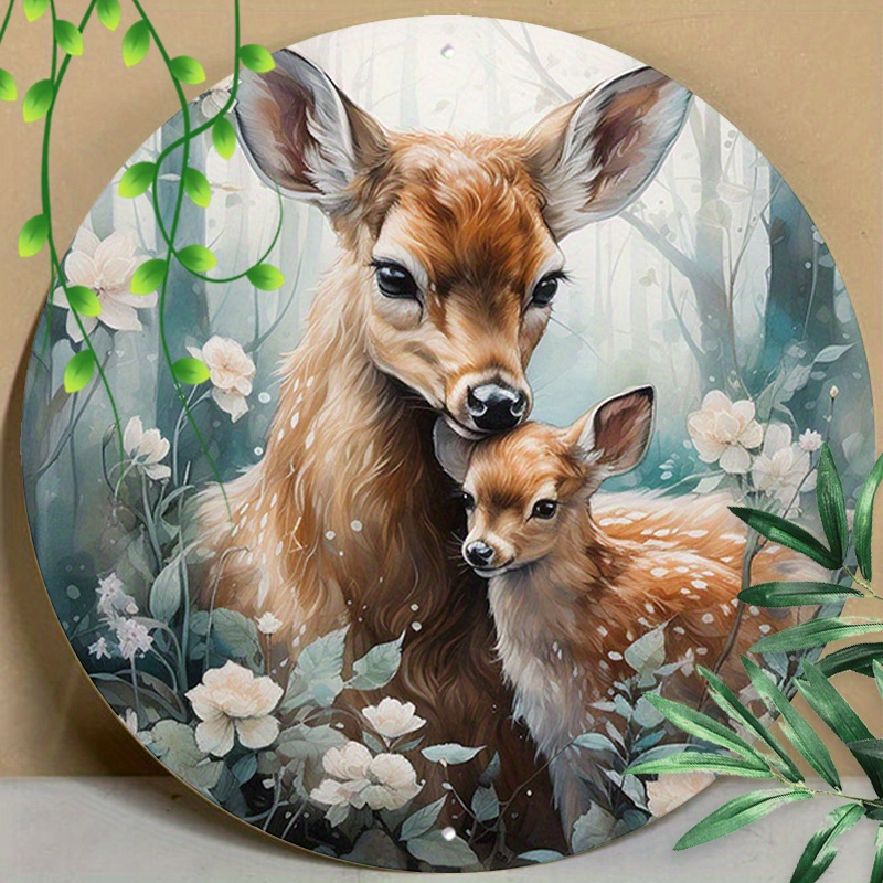 

1pc 8x8inch (20x20cm) Round Aluminum Sign Forest Animals Mama Deer Design Metal Sign, Mother's Day Gift, Sign For Garden Kitchen