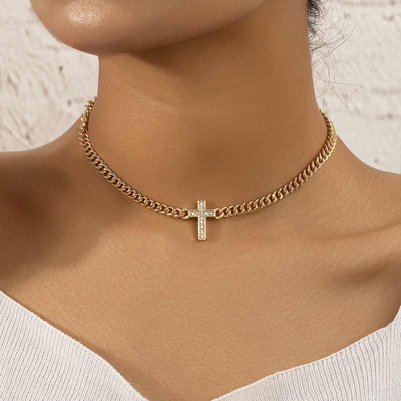 iced out shiny rhinestone mini cross link chain necklace hip hop style zinc alloy neck jewelry accessory details 0
