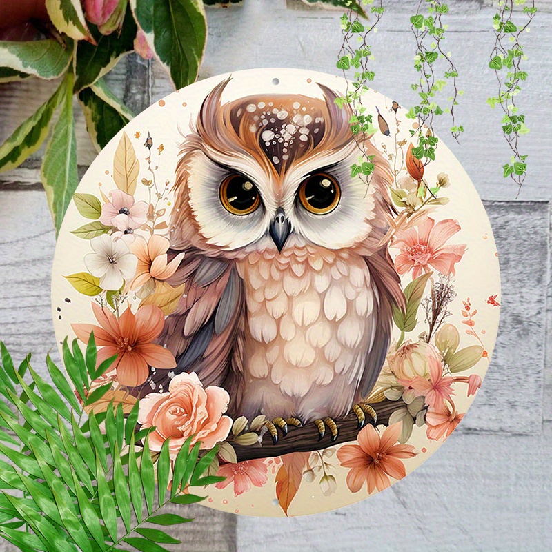 

1pc 8x8inch (20x20cm) Round Aluminum Sign Metal Sign Owl Wreath Sign Cute Owl Themed For Yard Indoor Outdoor Wall Decoration