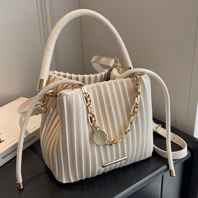 

Elegant White Pleated Bucket Bag For Women – Chic Summer Crossbody Shoulder Handbag With Golden-tone Hardware & Braided Handle, All- Design, Ladies Handbags