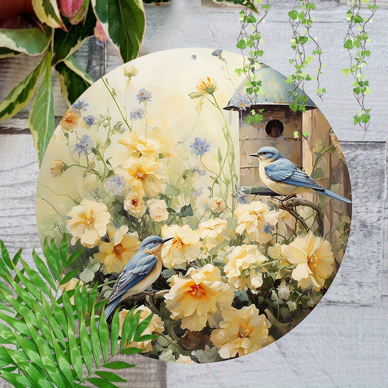 

1pc 8x8inch (20x20cm) Round Aluminum Sign Metal Sign Spring Birds Wildflower Spring Sign Birdhouse Sign Vintage Spring Art