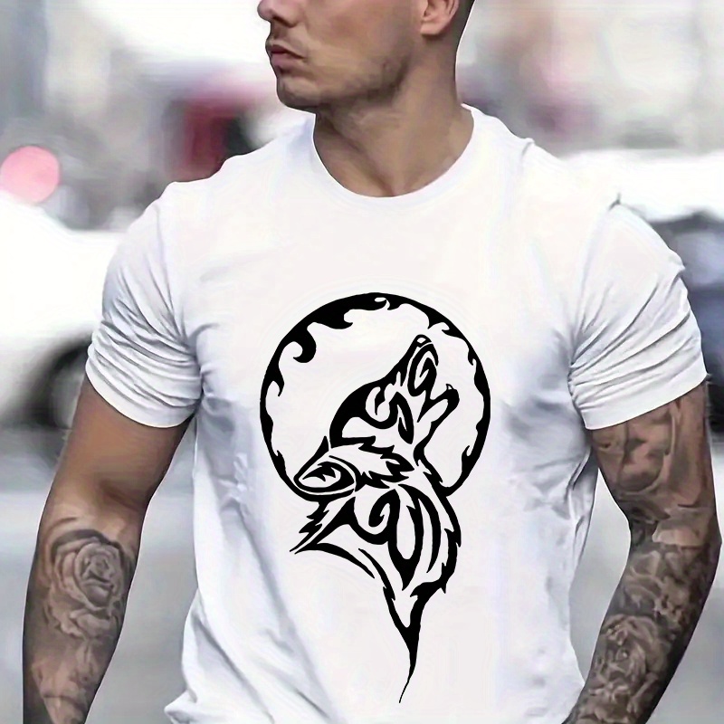 

Wolf Print Men's Creative Top, Casual Short Sleeve Crew Neck T-shirt, Men's Clothing For Summer Outdoor