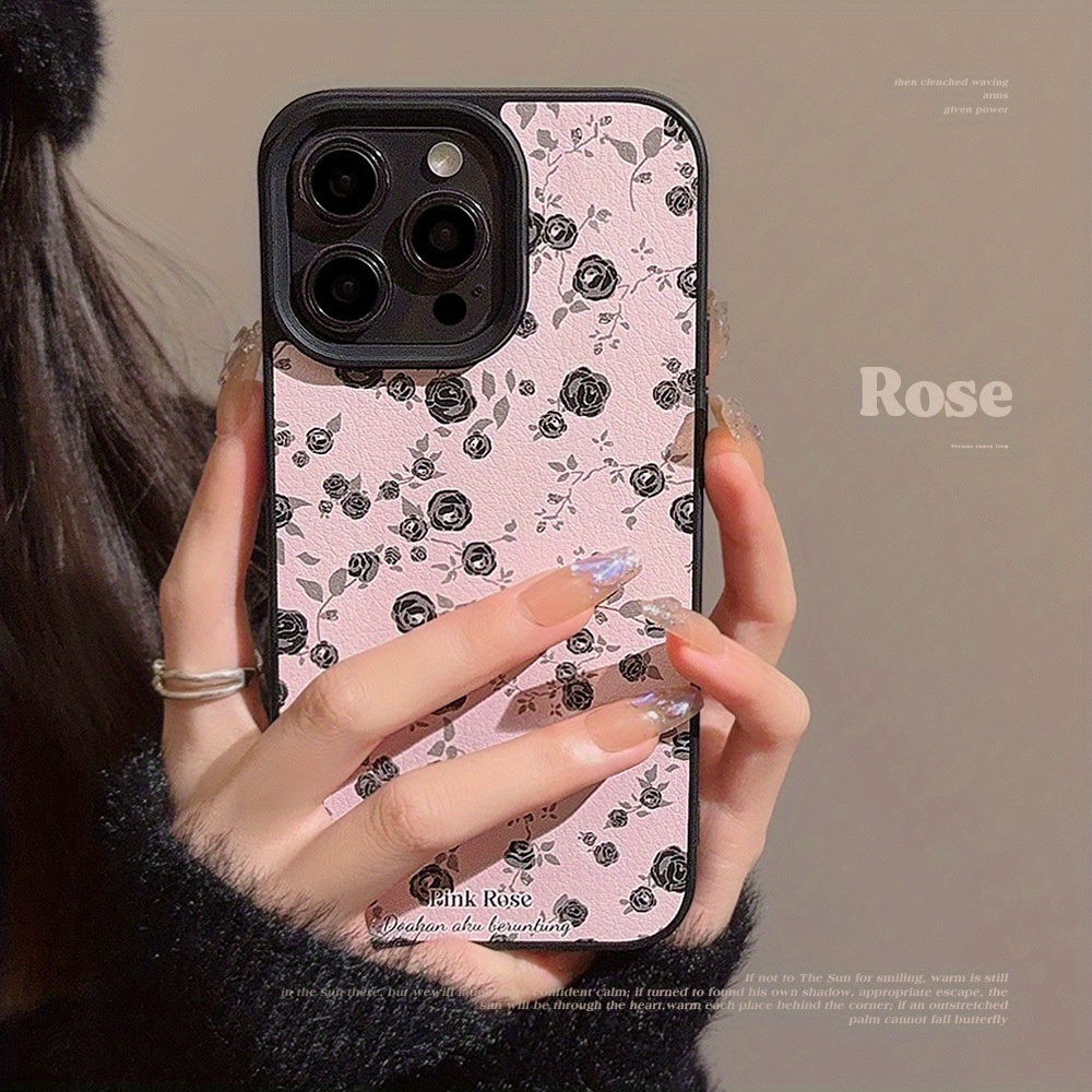 

Black Rose Rosy Small Flower Pu Leather Phone Case For Apple 15/14/13/12/11 Series