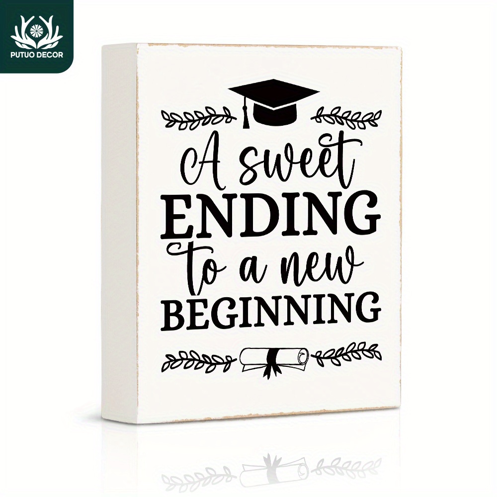 

1pc White Box Wooden Sign, A Sweet Ending To A New Beginning, Wood Plaque For Home Farmhouse Graduation Ceremony Work Desk Decor, 4.7 X 5.8 Inches Gifts
