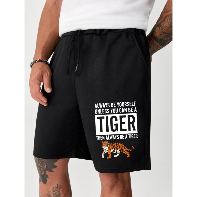 

Men's Casual Versatile Shorts, Tiger Letters Print Trendy Drawstring Pocket Summer Sports Shorts