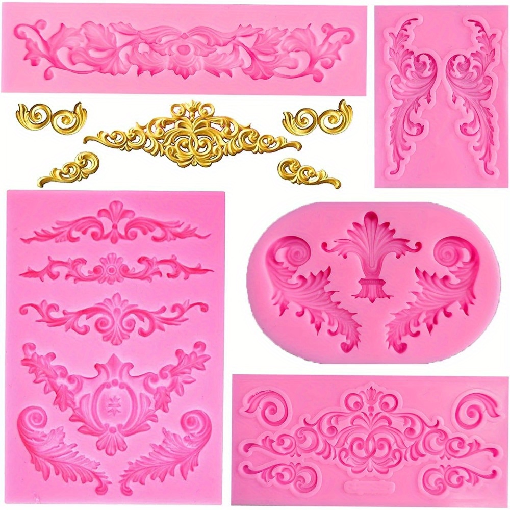 

5pcs Baroque Scroll Relief Fondant Silicone Molds, Relief Flower Lace Mould Filigree Mold 3d Sculpted Decoration, Cupcake Topper, Jewelry, Polymer Clay, Crafting Projects