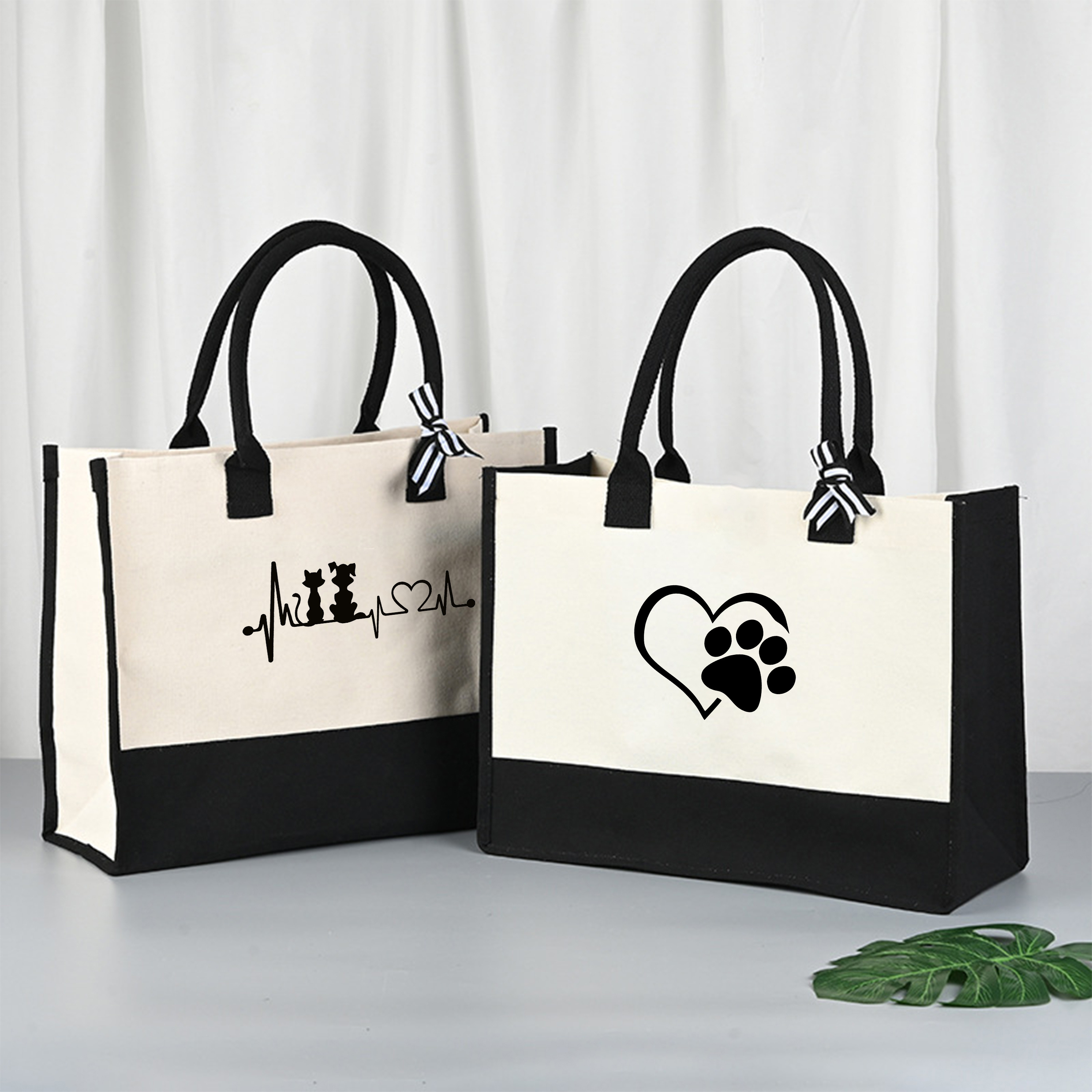 

Dog Footprint & Heart Beat Print Canvas Handbag, Beach Bag, Square Bag Gift Bag, Household Supplies, Tote Bag For Travel Picnic Camping Outdoor Bag