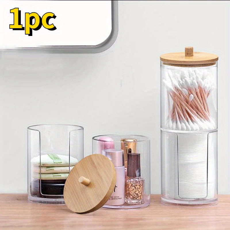 

1pc Clear Apothecary Swab Storage Jar With Bamboo Lids, Vanity Makeup Organizer Storage Containers For Cotton Swab, Ball, Pads, Floss, Bathroom Accessories Set
