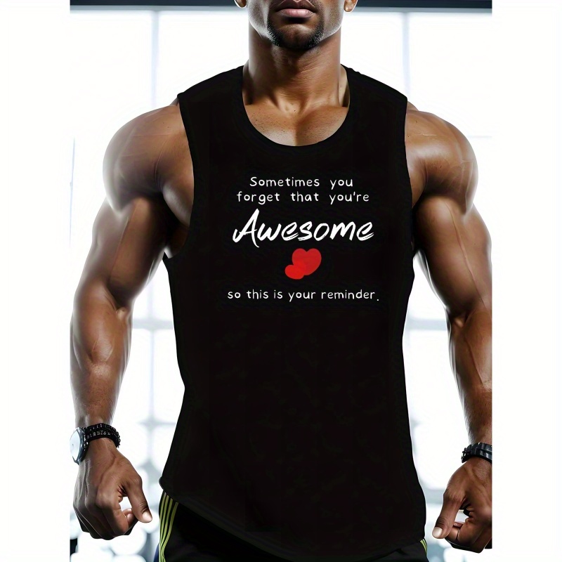 

Plus Size, Awesome Print, Men's Trendy Tank Top, Active Stretch Breathable Sleeveless Shirt For Bodybuilding Gym Fitness Training, Men's Clothing
