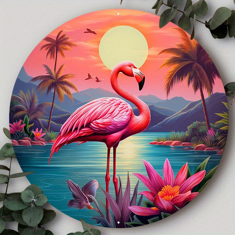 

1pc 8x8inch Aluminum Metal Sign Is On A Circular Shape With Water And Tropical Plants As, Suitable For Various Scenarios