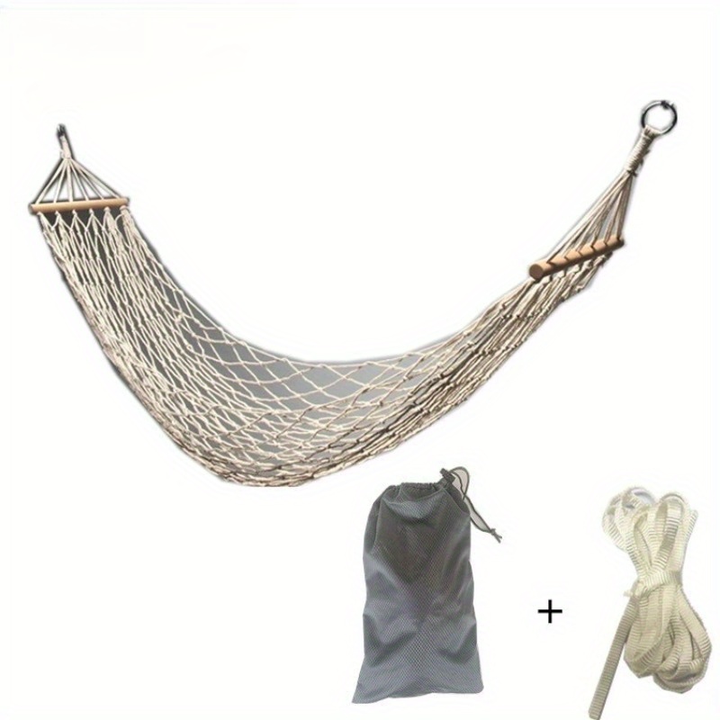 

1pc Cotton Rope Hammock Chair, Portable Hand Woven Single Person Hammock With Wooden Lifting Gear, Suitable For Outdoor Courtyards Beaches And Mountainous Areas