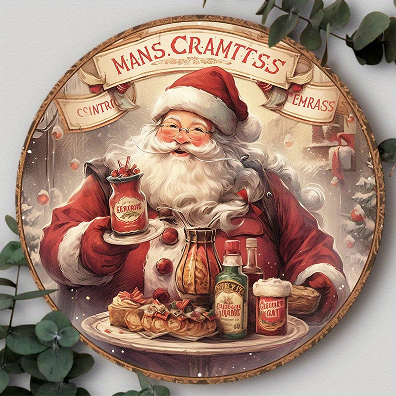 

1pc 8x8inch Aluminum Metal Sign Round Metal Tin Sign Vintage Christmas Santa Claus Circle Wreath Sign Vintage Home Bar Sign Plaque Funny, Suitable For Various Scenarios