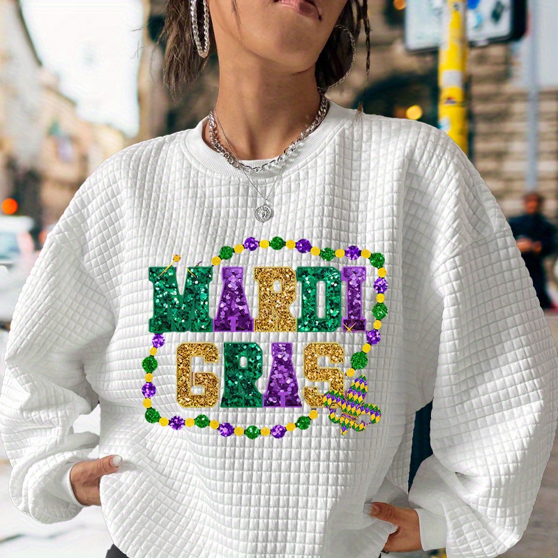 

Mardi Gras Letter Print Waffle Sweatshirt, Casual Long Sleeve Crew Neck Sweatshirt, Women's Clothing