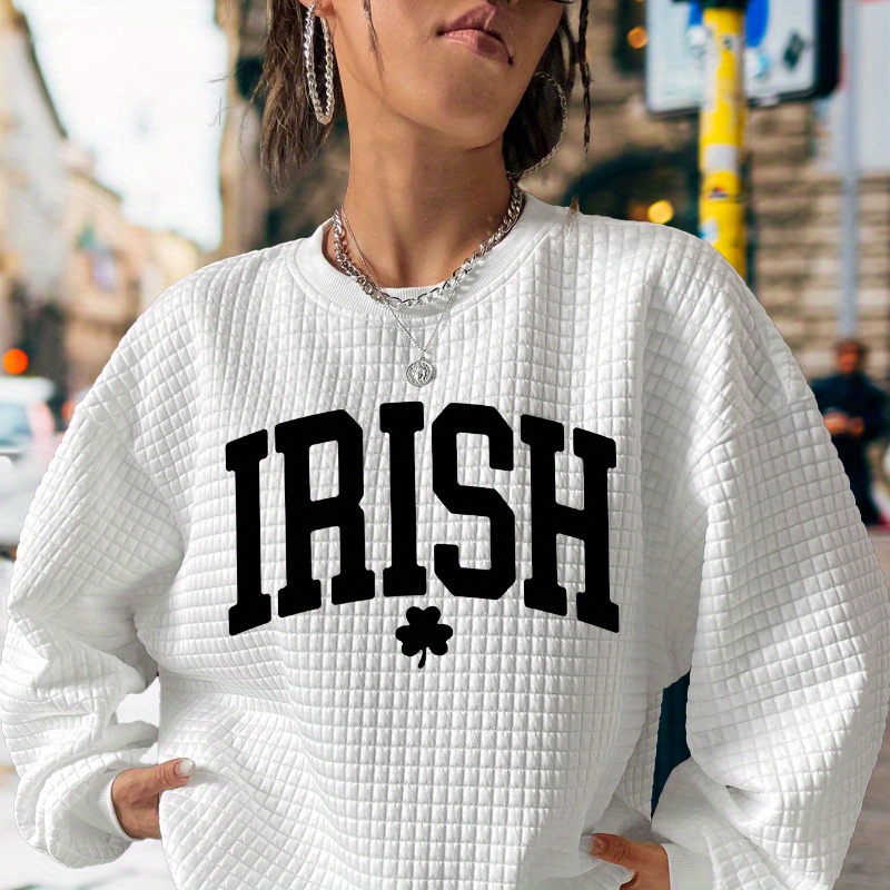 

St. Patrick's Day Letter Print Waffle Sweatshirt, Casual Long Sleeve Crew Neck Sweatshirt, Women's Clothing