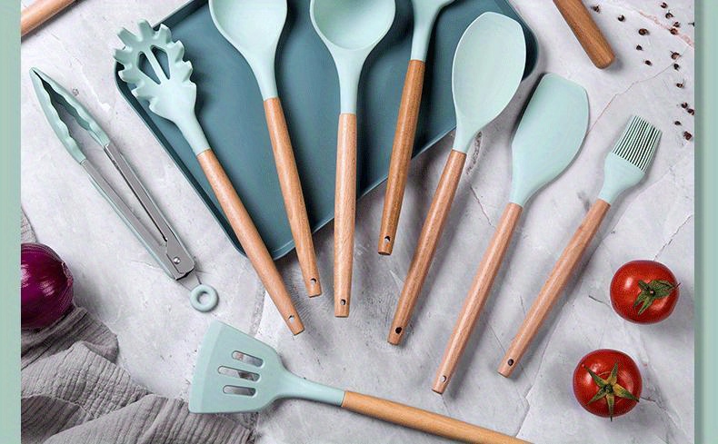 5 11 14 piece silicone kitchen utensil set with wooden handle non stick pot   spatula and spoon set heat resistant silicone kitchen utensils details 1