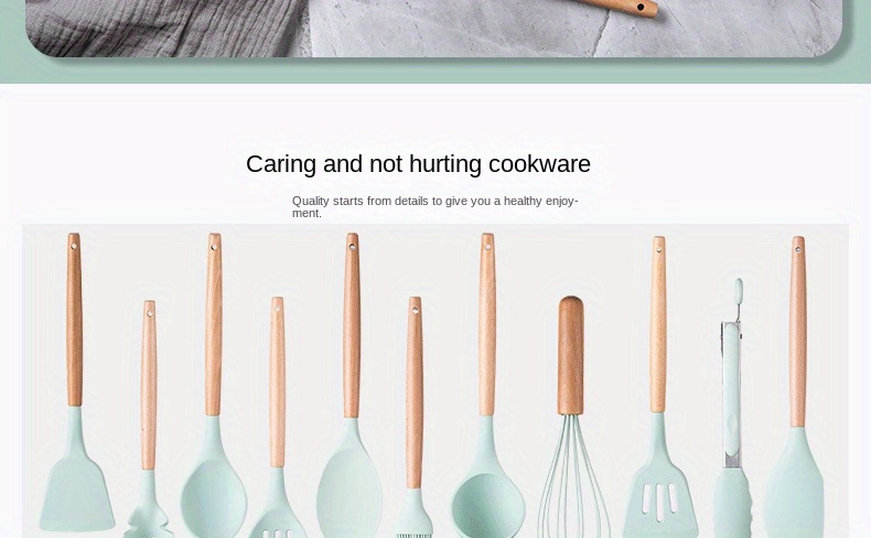 5 11 14 piece silicone kitchen utensil set with wooden handle non stick pot   spatula and spoon set heat resistant silicone kitchen utensils details 2