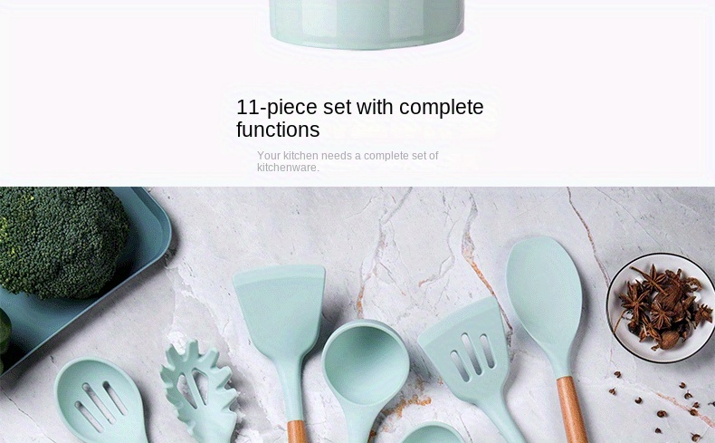 5 11 14 piece silicone kitchen utensil set with wooden handle non stick pot   spatula and spoon set heat resistant silicone kitchen utensils details 7