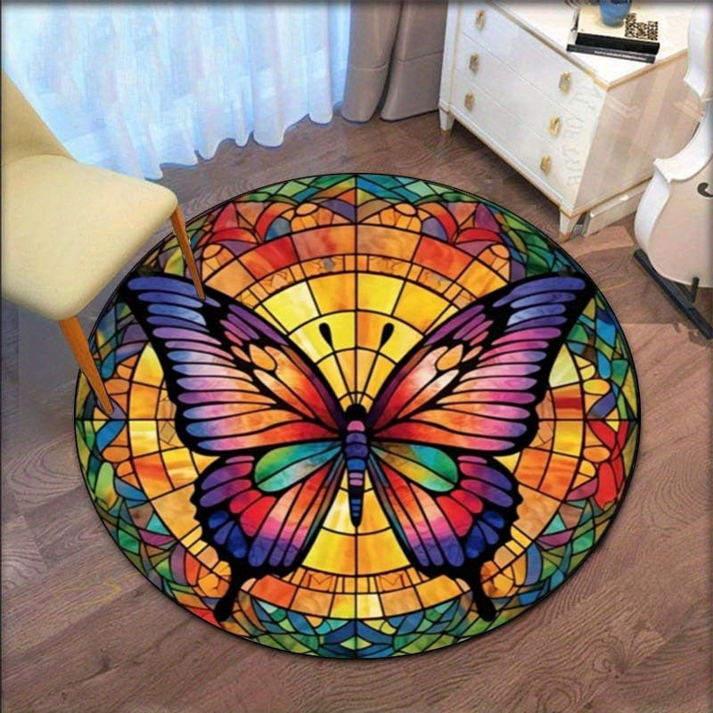 

800g/m2 Crystal Velvet 3d Colorful Butterfly Pattern Round Rug Stained Glass Butterfly Round Rug Non-slip Rug For Dining Room Bedroom Sofa Kitchen Playroom Decor