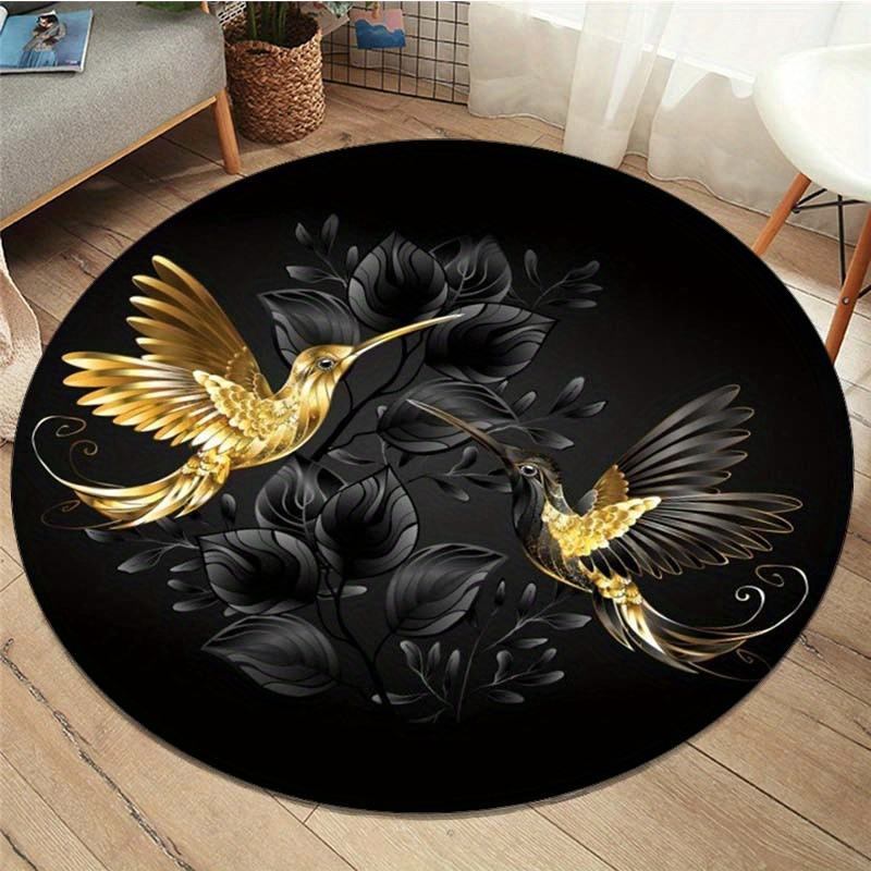 

800g/m2 Crystal Velvet Cartoon Flower And Hummingbird Print Rug Golden Bird Round Carpets For Living Room Bedroom Chair Carpets Home Decor Gifts