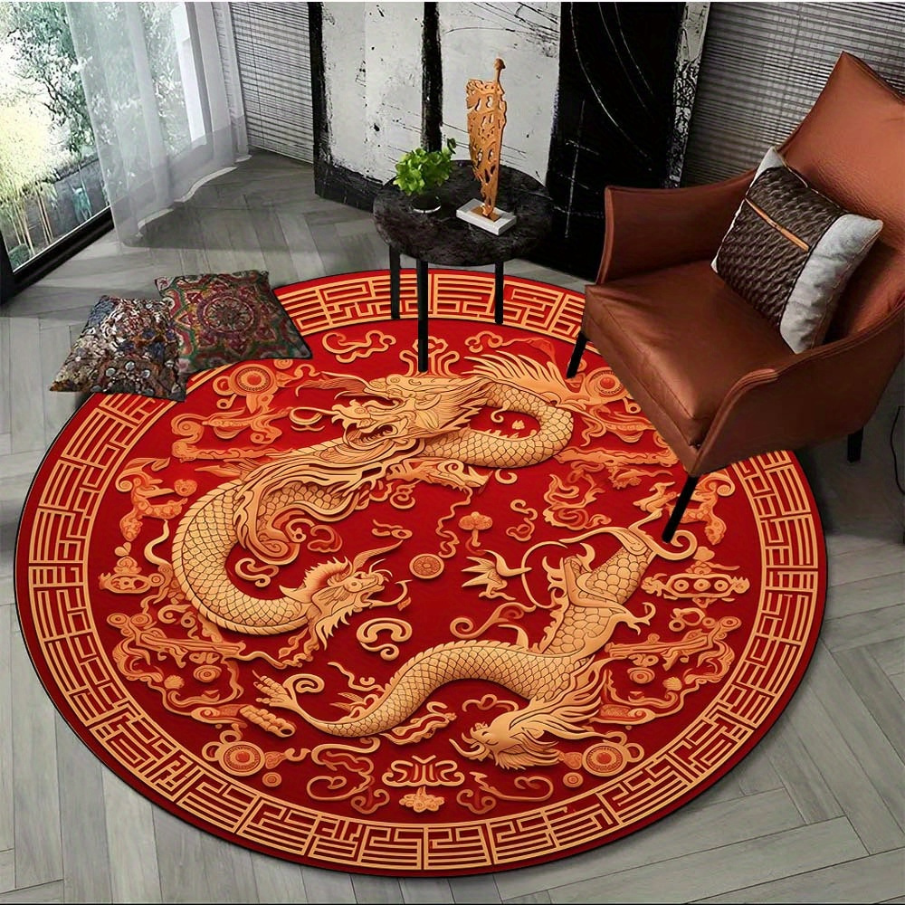 

800g/m2 Crystal Velvet 800g/m2 3d Happy New Year's Chinese Dragon Round Rug Red Dragon For Living Room Bedroom Lounge Rug Home Decor Chair Mat