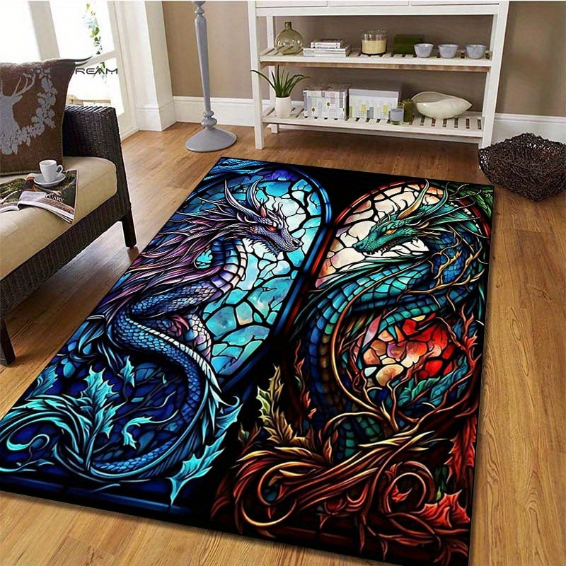 

800g/m2 Crystal Velvet 800g/m2 3d Stained Glass Magic 2 Dragons Print Carpet Animal Rug Home Living Room Bedroom Floor Mat Doormat Non-slip Rug Decor