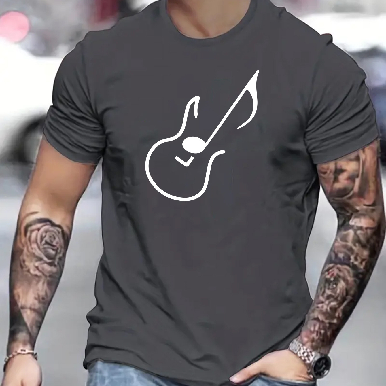 

Guitar Graphic Print Men's Short Sleeve Crew Neck T-shirts, Comfy Breathable Casual Elastic Tops, Men's Clothing