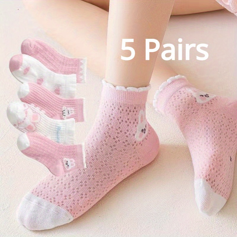 

5 Pairs Of Girl's Cartoon Bunny Pattern Knitted Socks, Mesh Comfy Breathable Soft Crew Socks For Outdoor Wearing