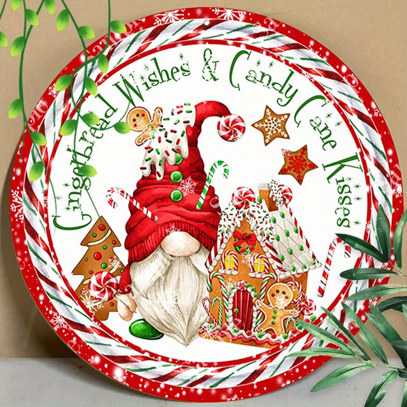 

1pc 8x8inch (20x20cm) Round Aluminum Sign Metal Sign Vintage Metal Tin Signs Gingerbread Wishes Christmas Sign Christmas Wreath Sign Door Sign Metal Poster