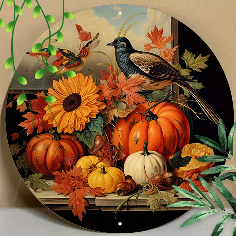 

1pc 8x8inch (20x20cm) Round Aluminum Sign Metal Sign Vintage Pumpkins And Birds Metal Sign Suitable For Thanksgiving Home Garden Cafe Restaurant Retro Wall Decor